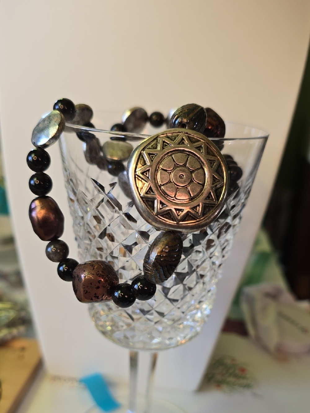 Gold-Tone Medallion Necklace with Iridescent Brown Beads
